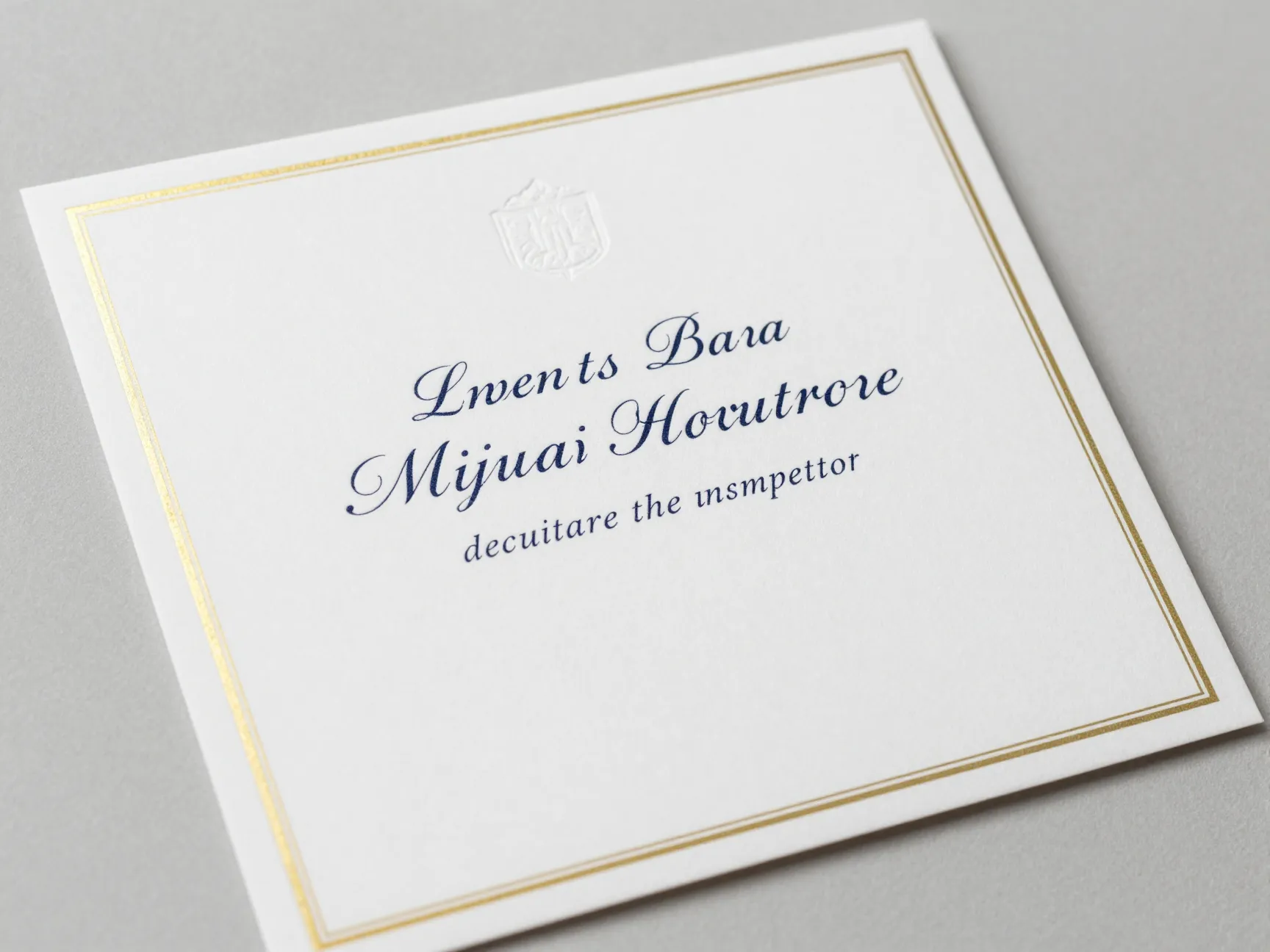 Classic elegance details card on thick white paper with gold foil border