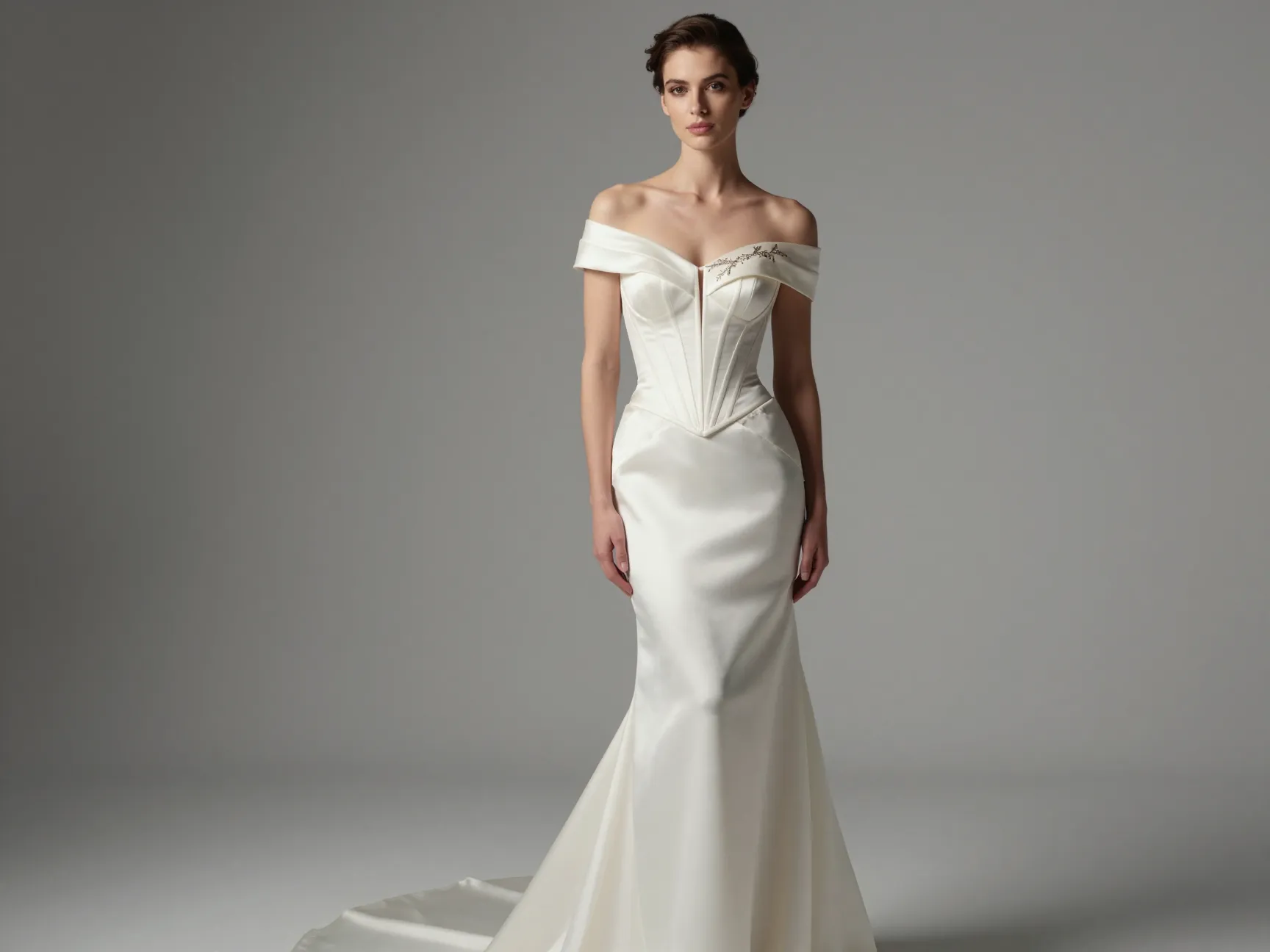 Corset gown studio portrait elegant structured silhouette one shoulder neckline