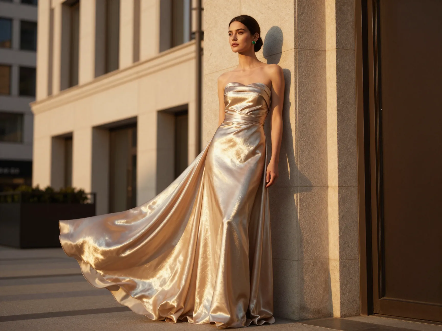 Metallic champagne gold gown shimmering under urban golden hour evening light