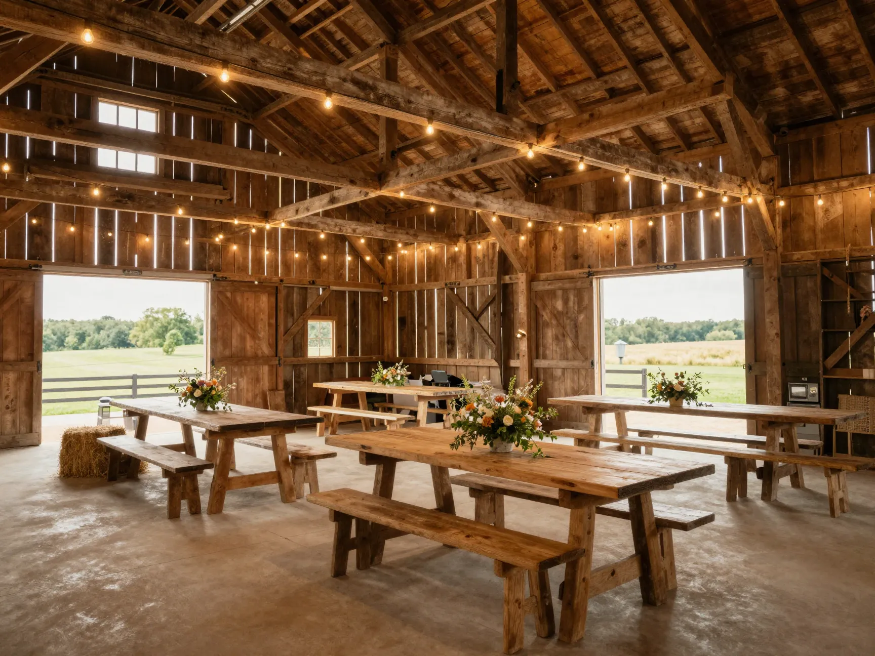 Rustic barn wedding venue with exposed beams and string lights