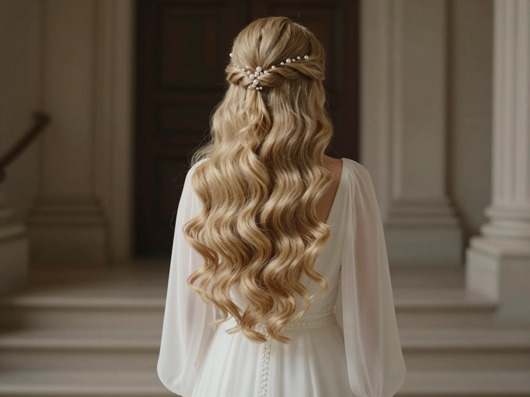 Soft glam blowout with big waves and pearl hairpins