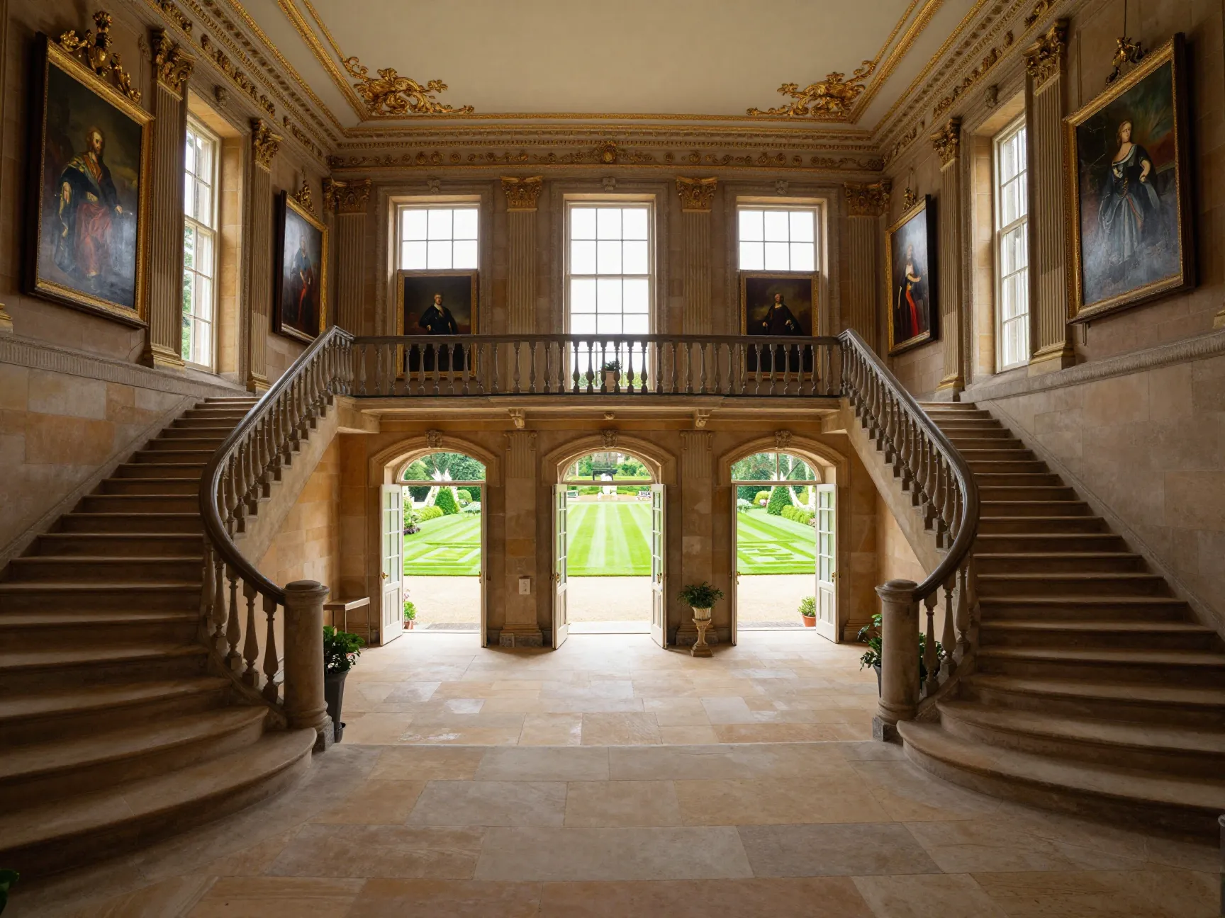 Grand stately home wedding venue with stone staircase and formal gardens