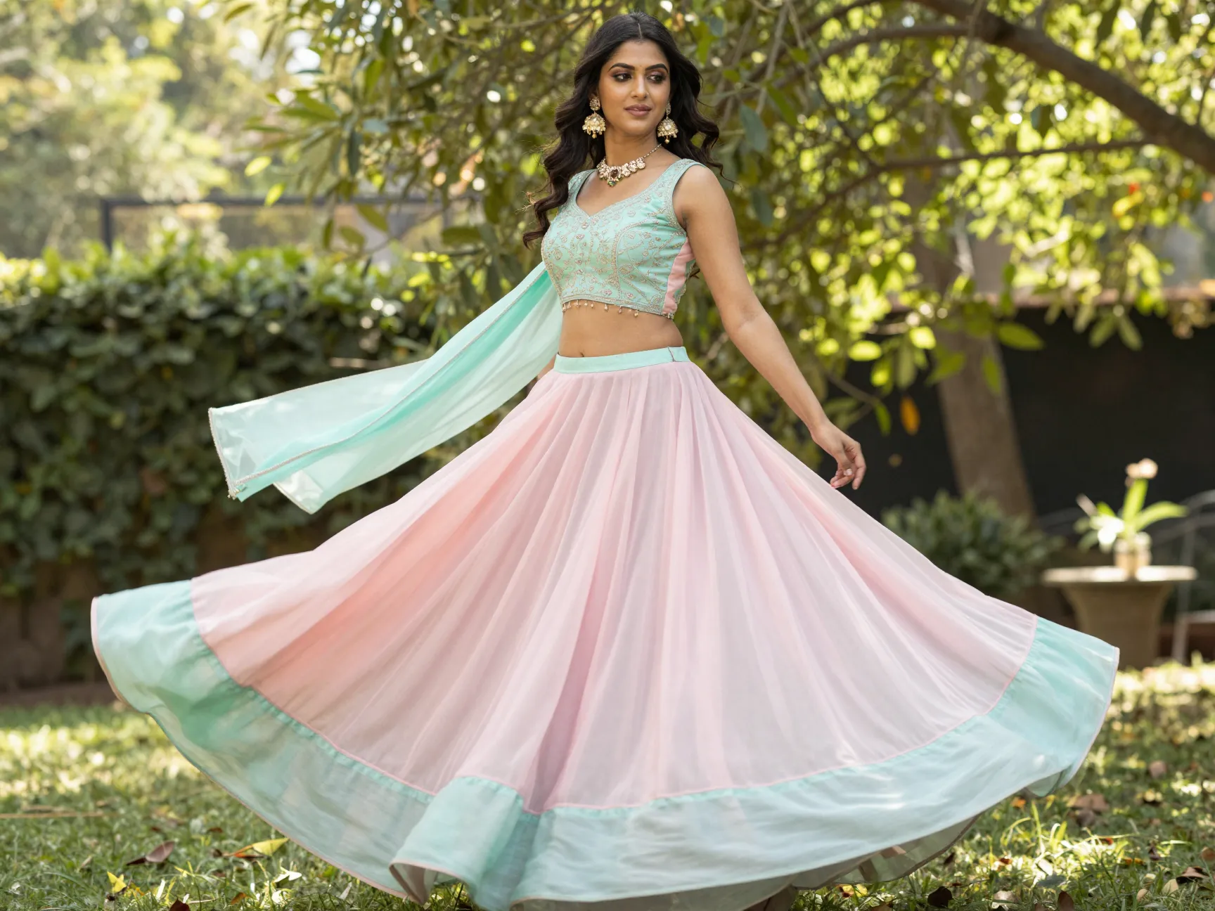 Pastel lehenga flowing in garden soft blush pink mint dual tone georgette