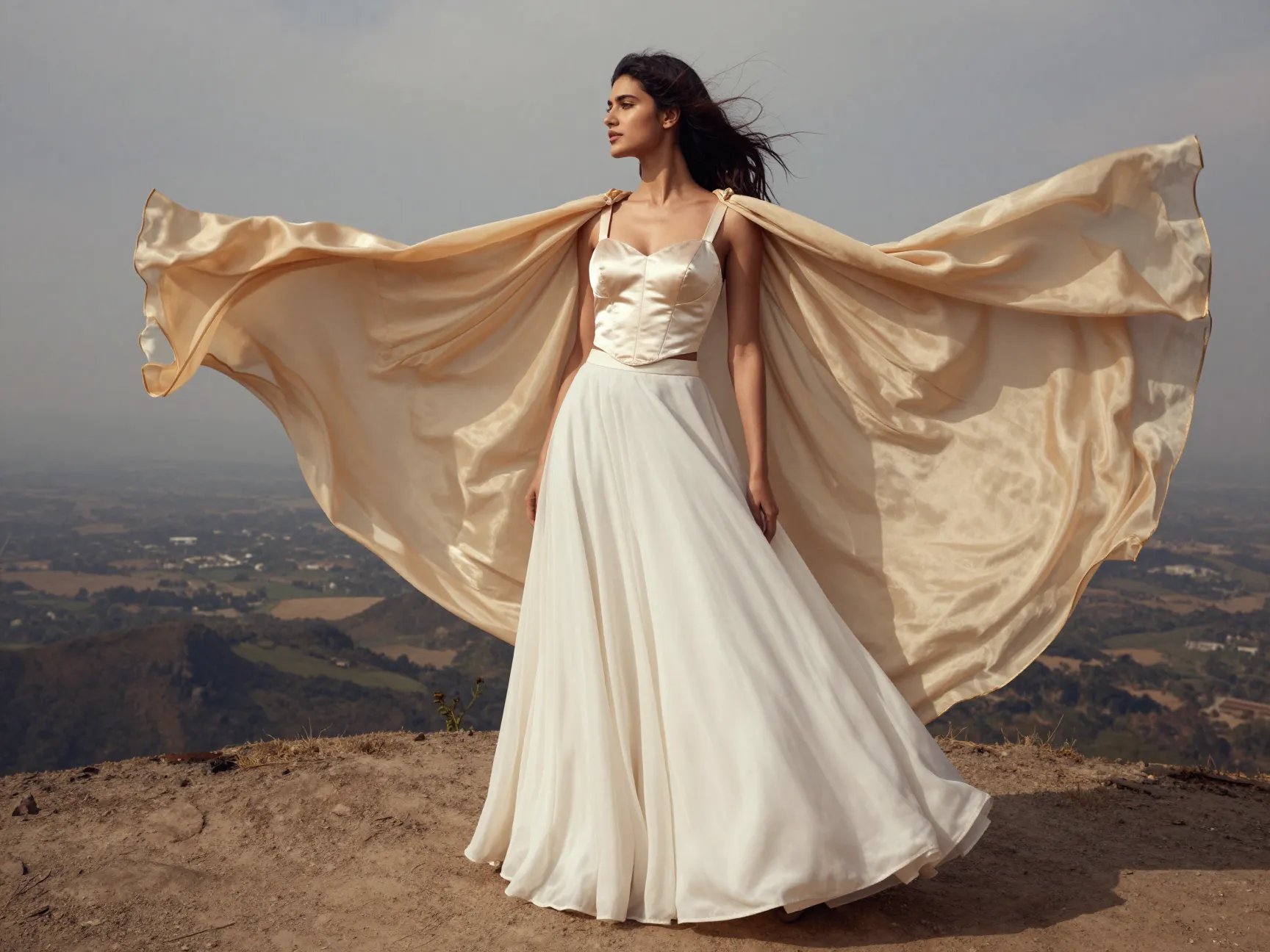 Fusion lehenga cape editorial shot organza cape flowing over silk corset