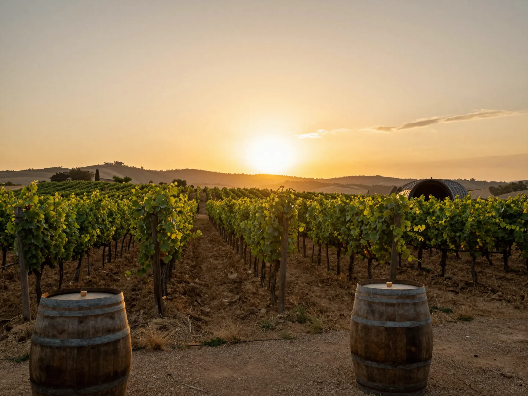 Vineyard wedding venue with rows of lush vines at sunset