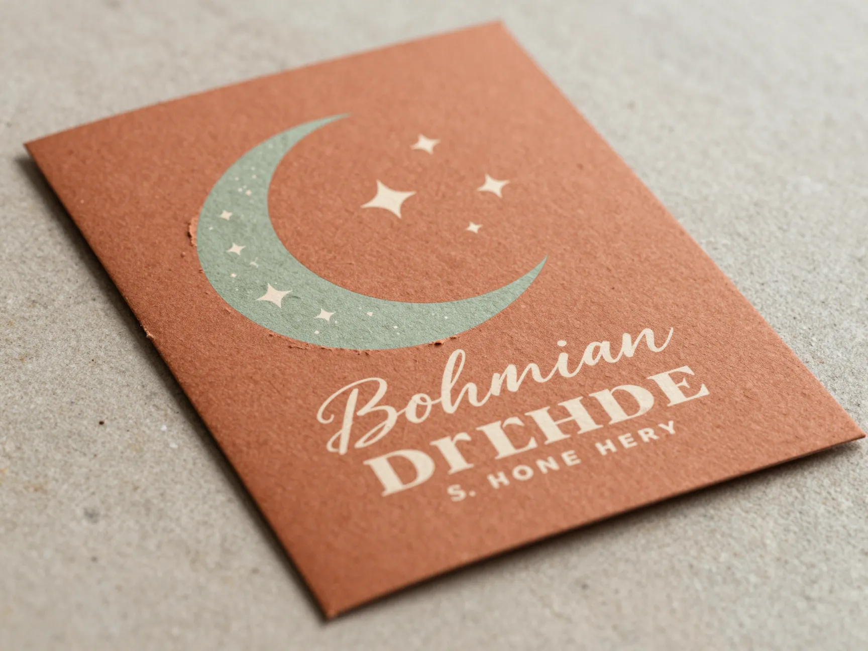 Bohemian details card with terracotta tones and celestial moon illustration