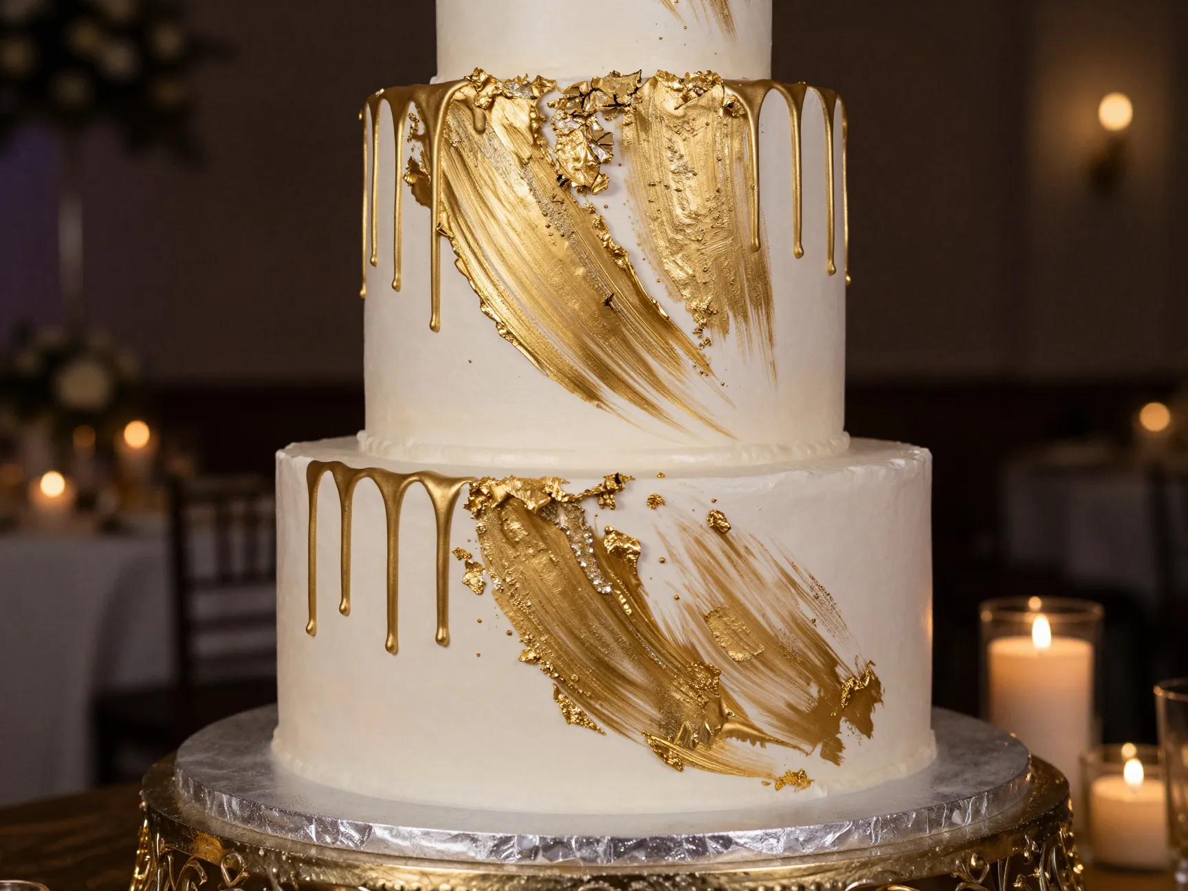 Glamorous gold leaf two tier cake with bold metallic brushstrokes