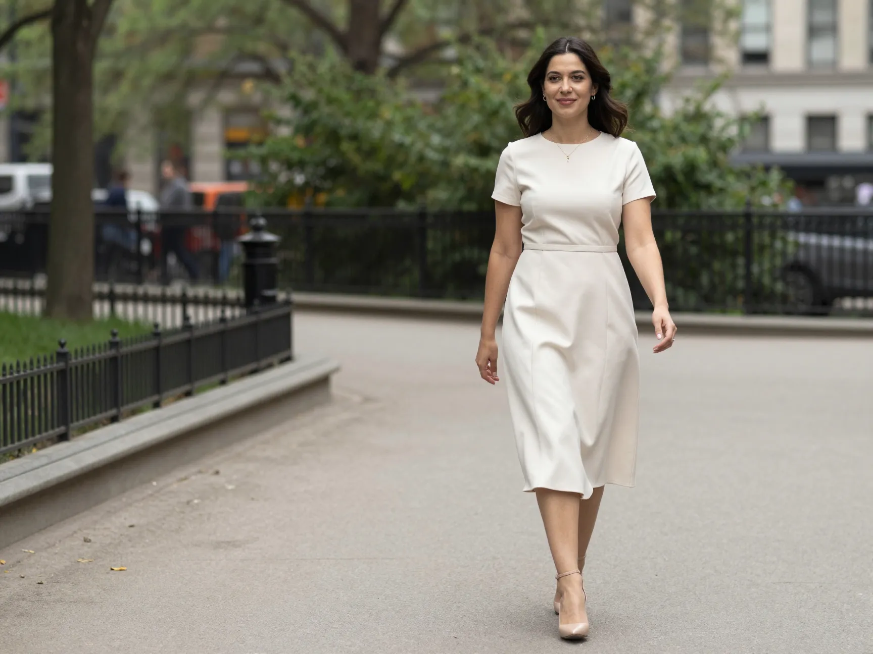 Mid length cream dress polished casual city street park engagement portrait