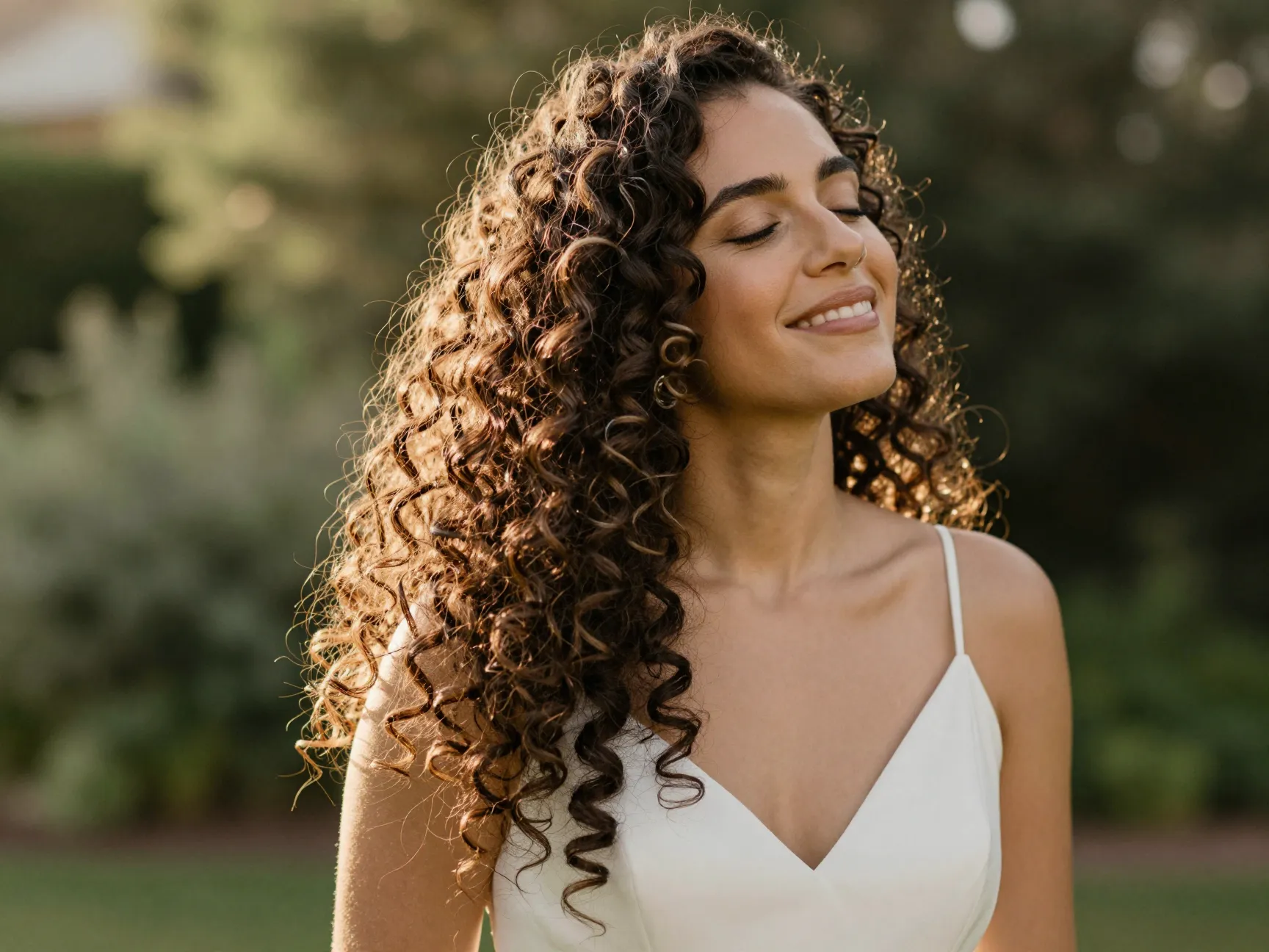 Bride celebrating her defined natural curls outdoor