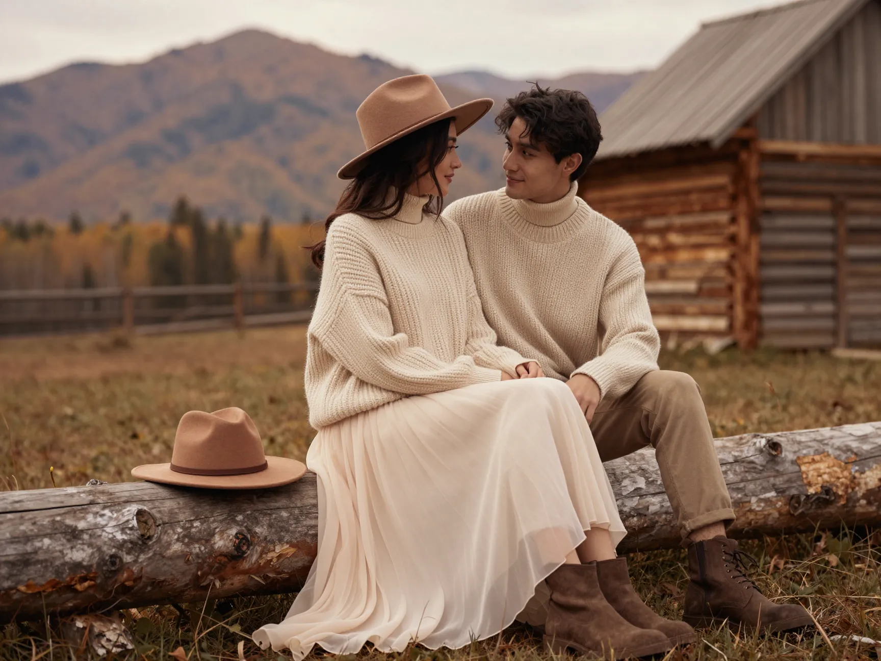 Cozy layered engagement outfit knitted sweater chiffon skirt fall mountain