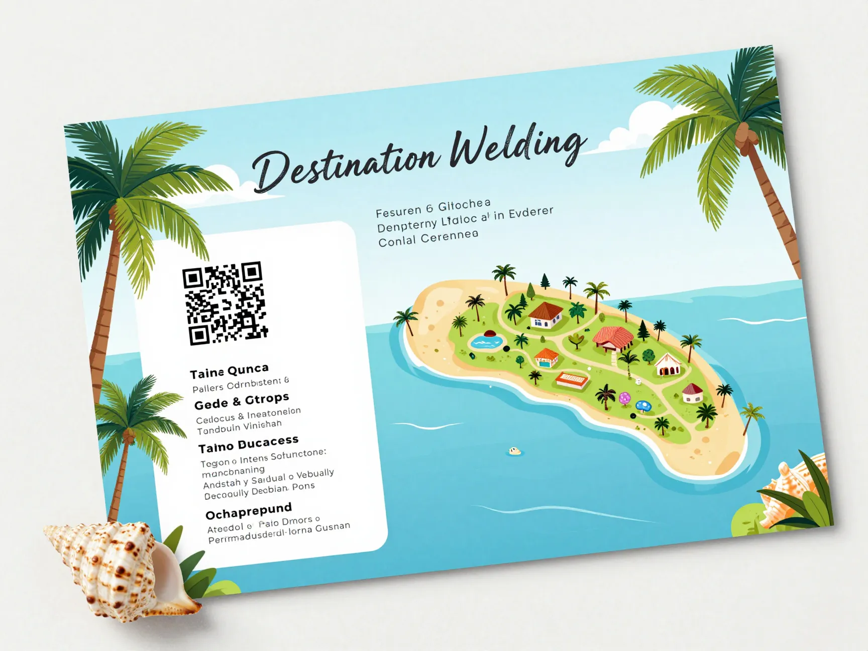 Destination wedding details card with illustrated palm trees and bright map