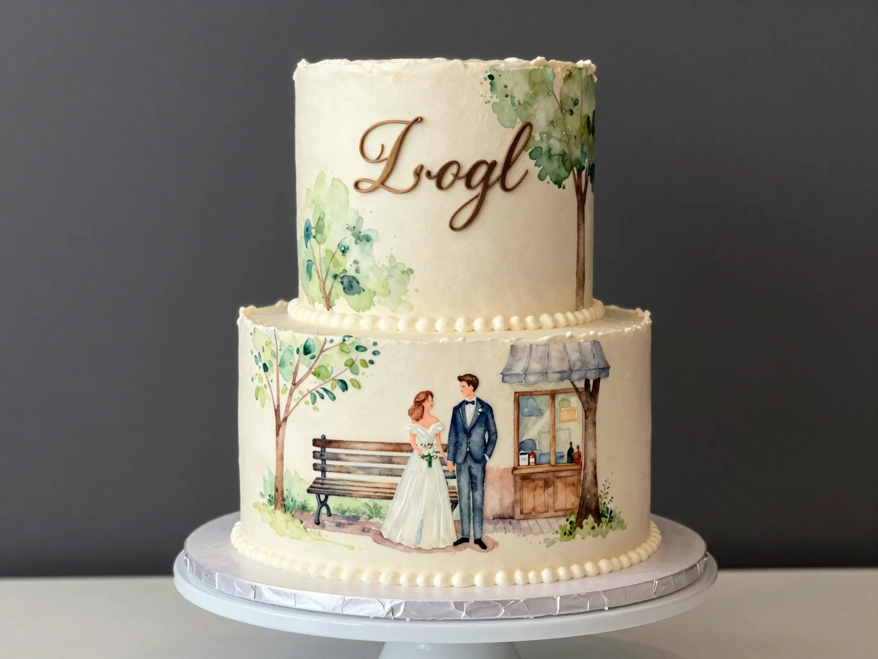 Personalized storytelling cake with hand painted first date scene