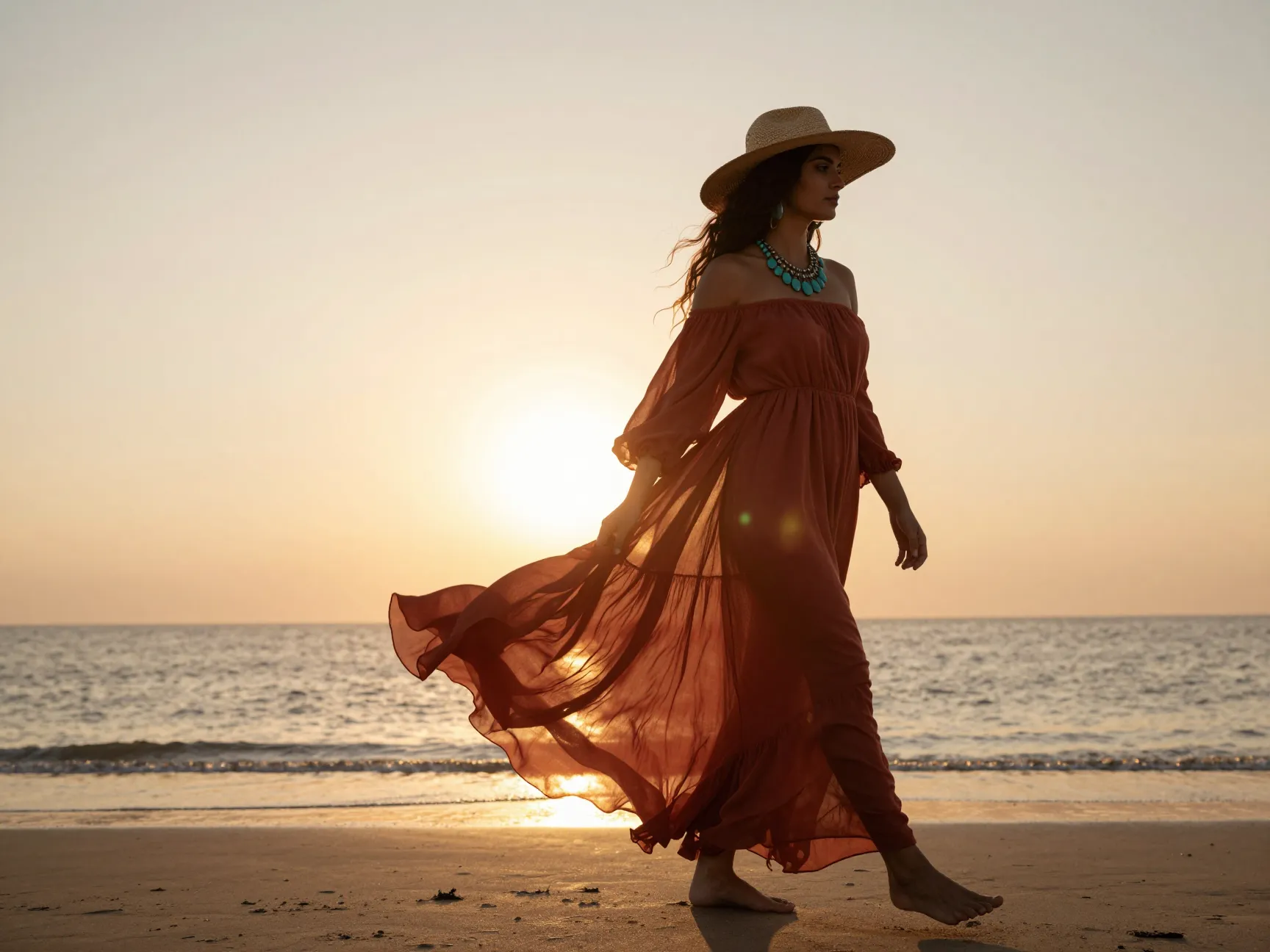 Boho off shoulder maxi dress flowing on beach at sunset terracotta chiffon