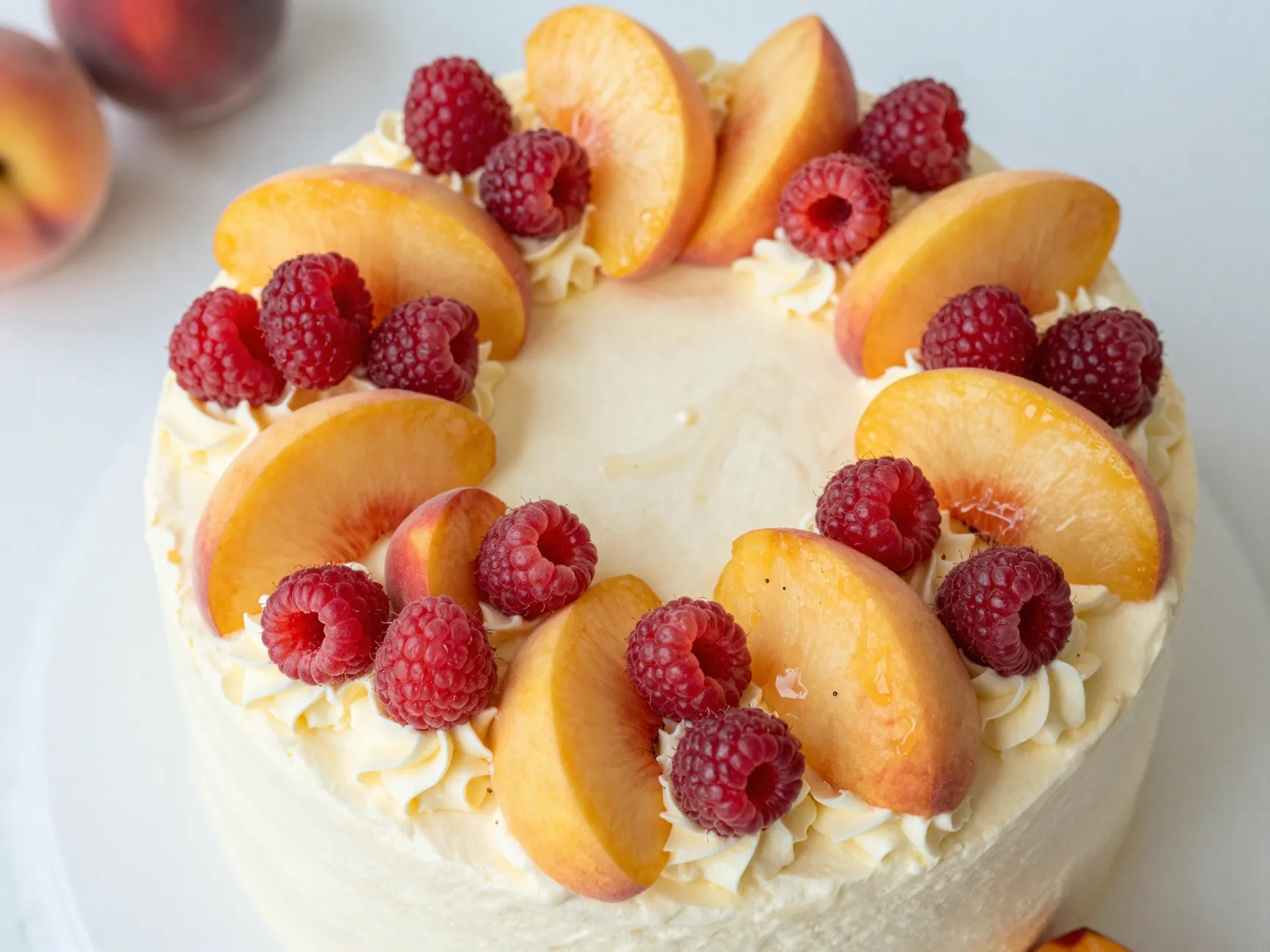Fruit adorned shortcake style with fresh peaches and raspberries