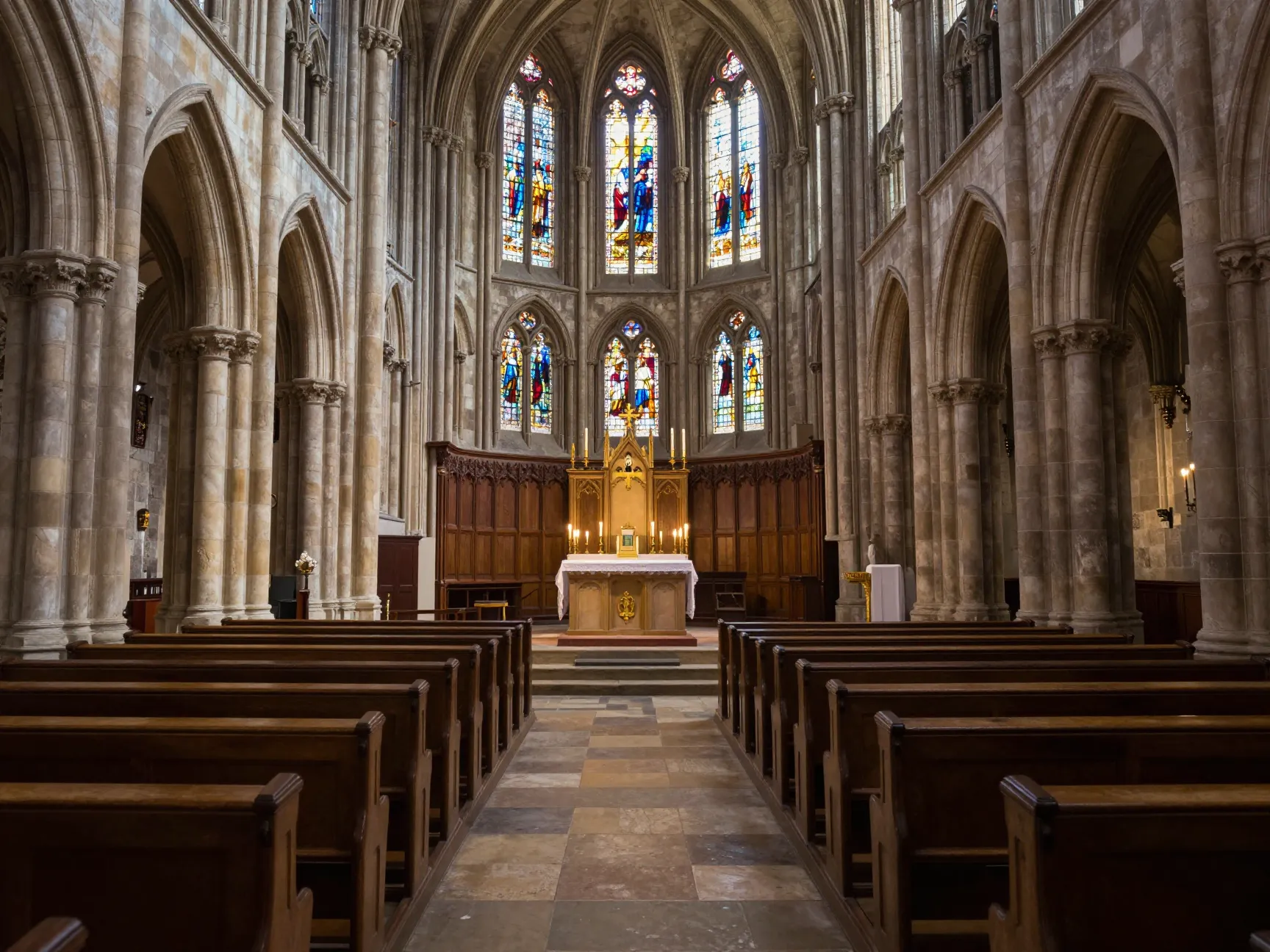 Historic cathedral wedding venue with stone arches and stained glass