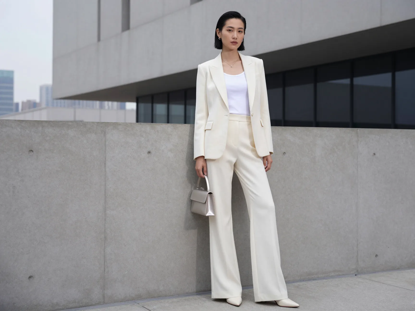 Tailored ivory wide leg pantsuit modern urban rooftop gallery engagement