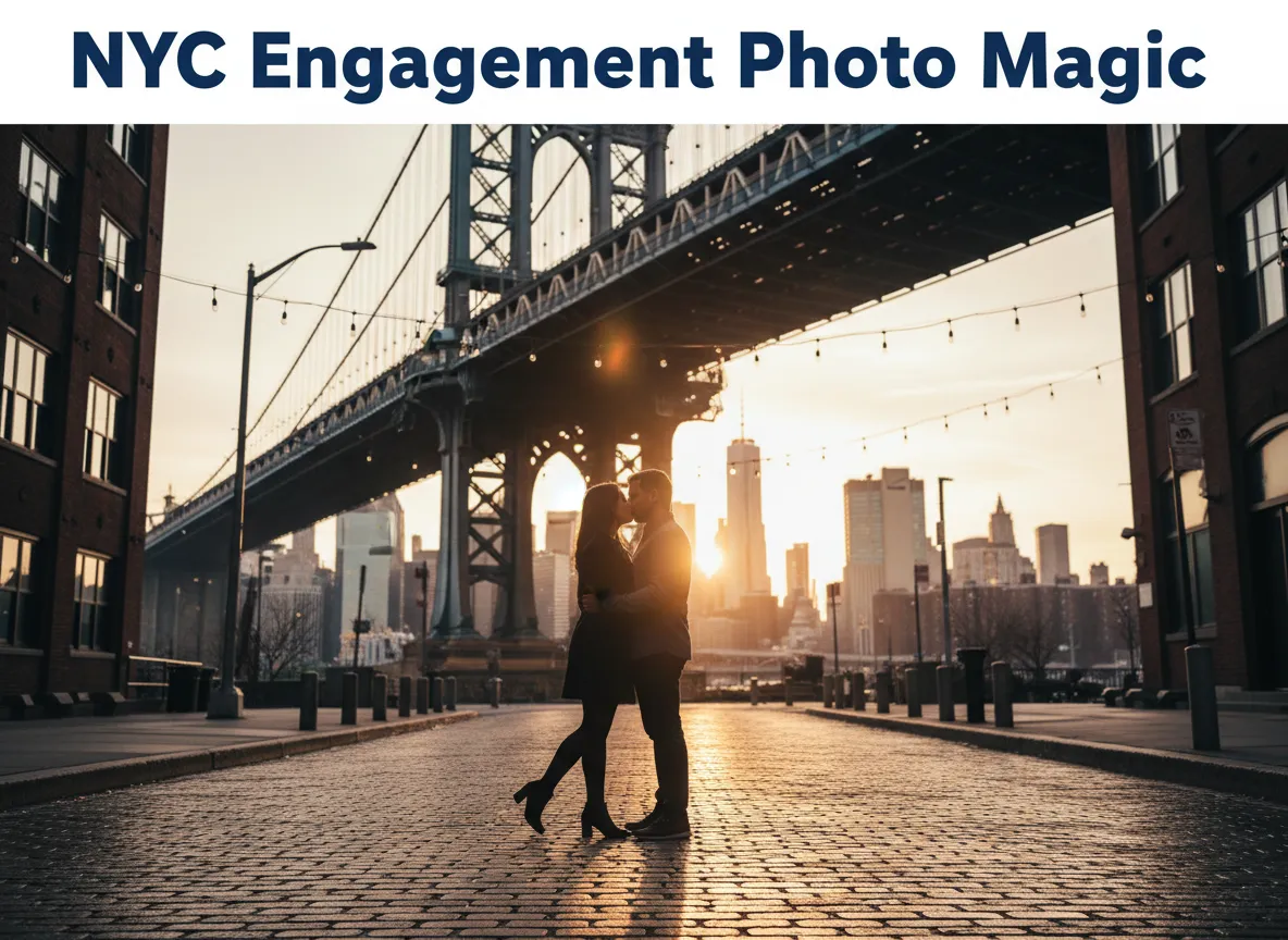 Dumbo manhattan bridge silhouette couple golden hour cobblestones engagement