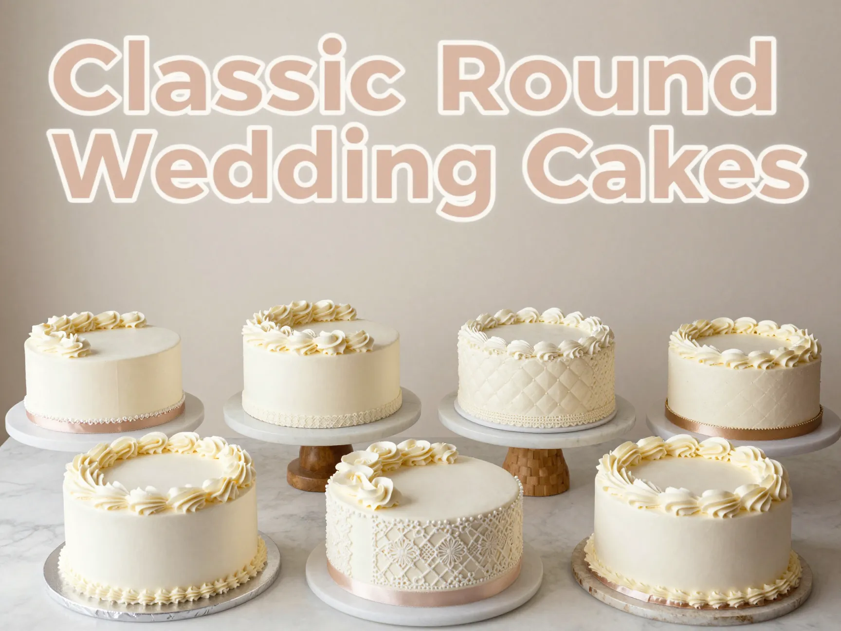 Eight classic round wedding cake slices flat lay marble elegant