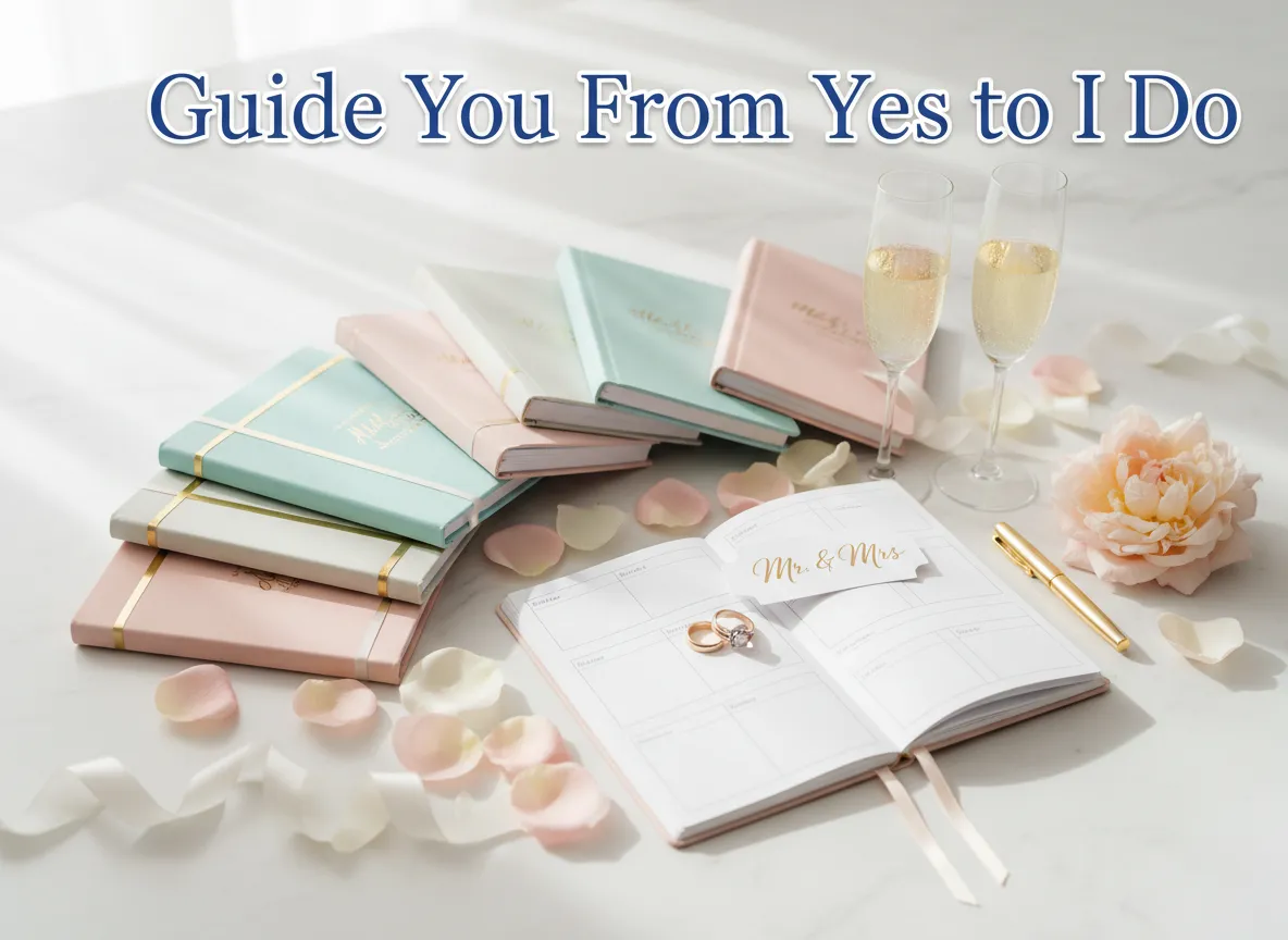 Planner books rings champagne flowers flat lay