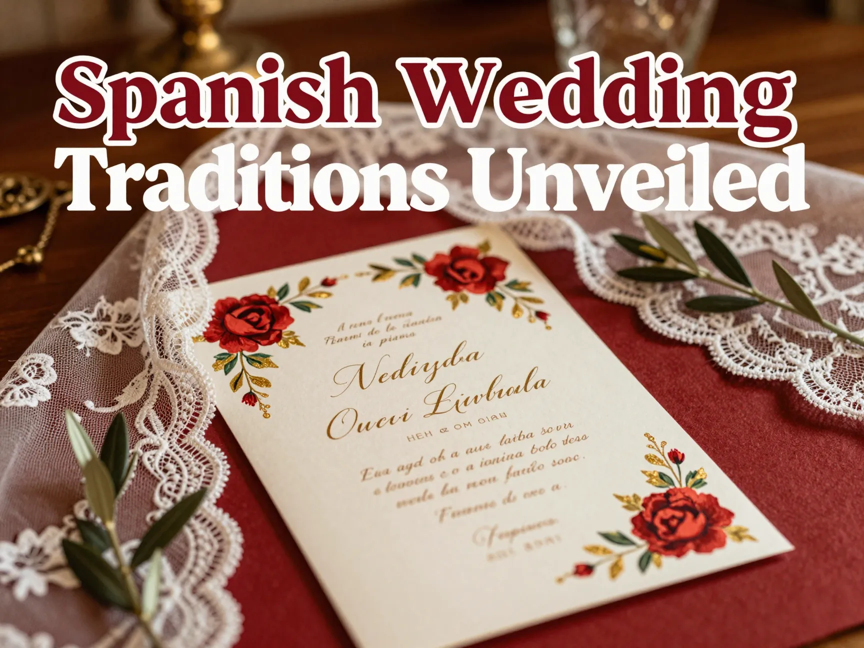 Spanish invitation mantilla olive branch warm gold