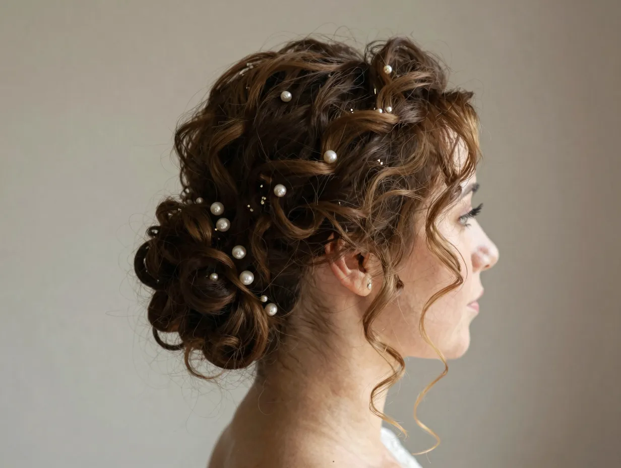 Classic curly updo with pearl pins and loose tendrils