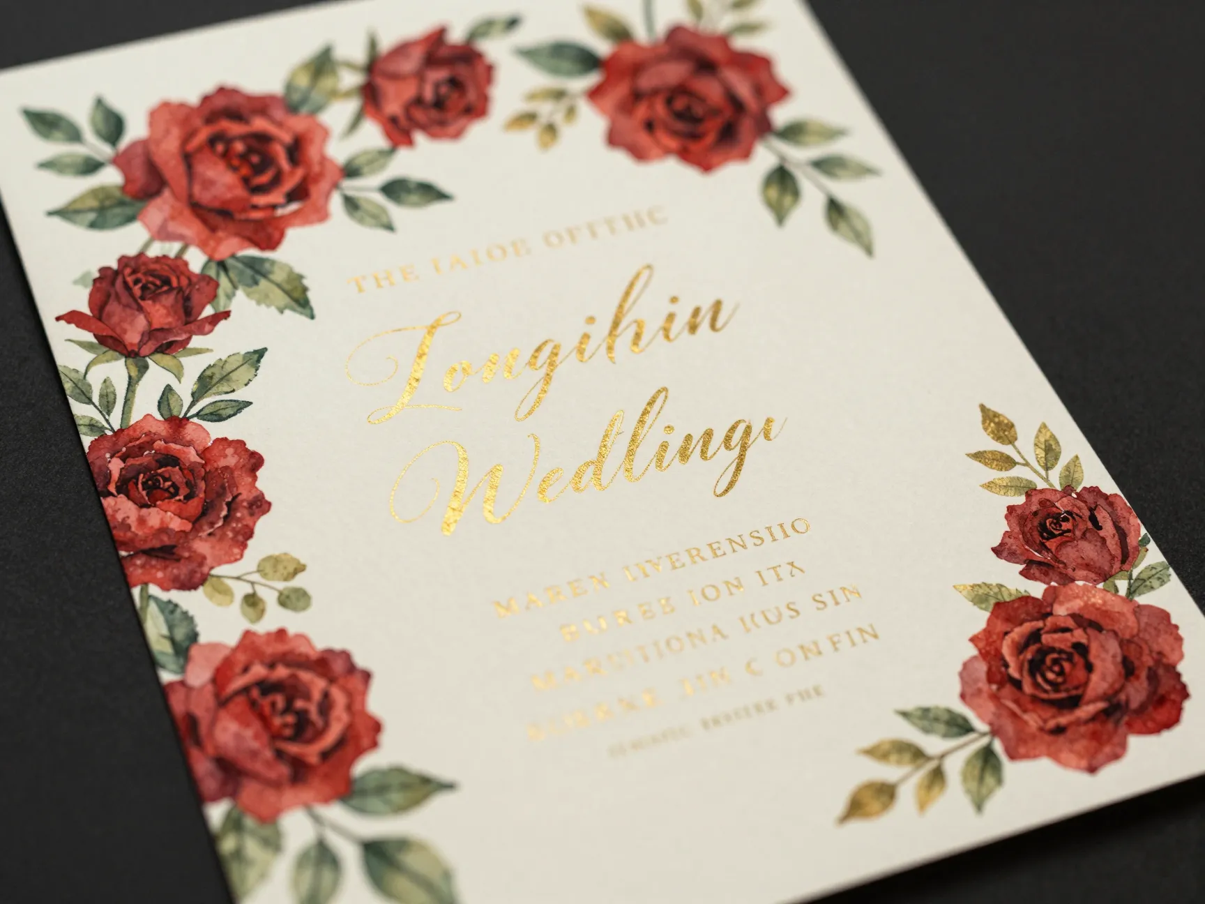Classic floral romance invitation red roses gold cream watercolor