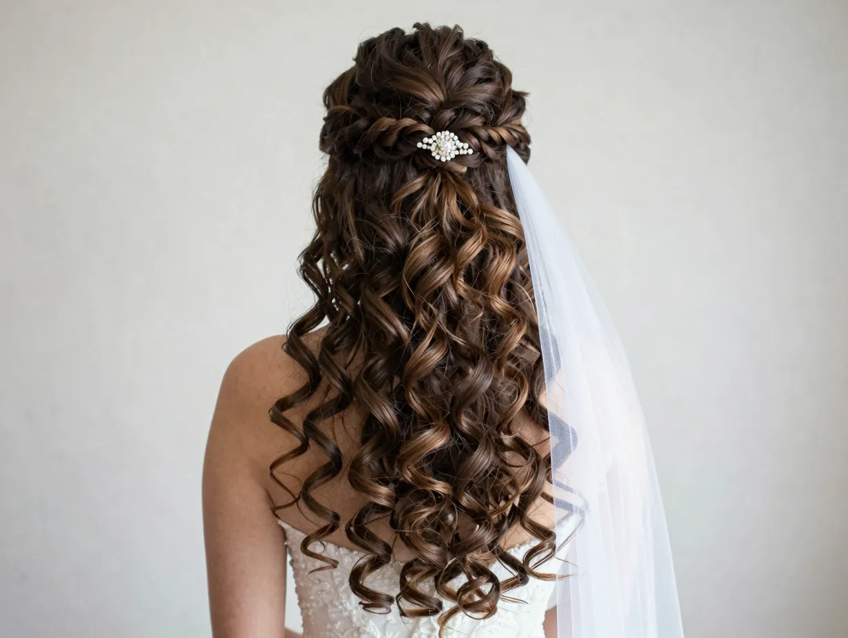 Half up half down curly hair with jeweled clip and veil