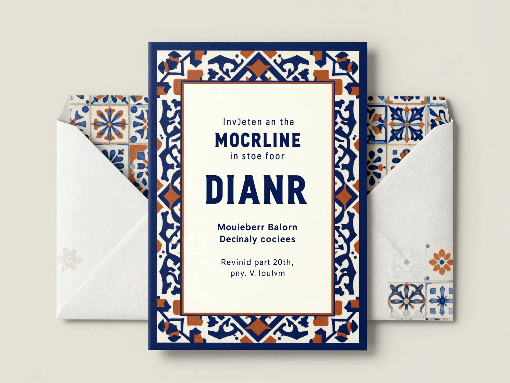 Moorish tile pattern invitation geometric navy terracotta ivory