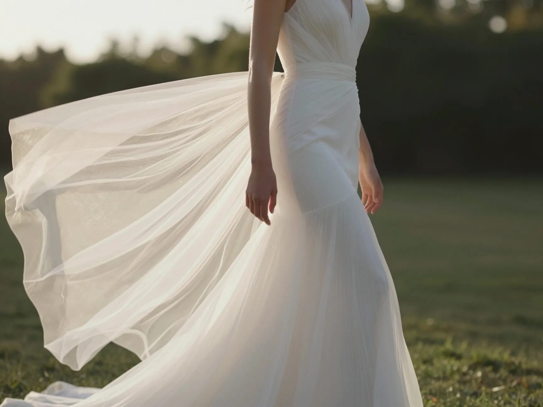 Sheer layered column gown in liquid organza fabric