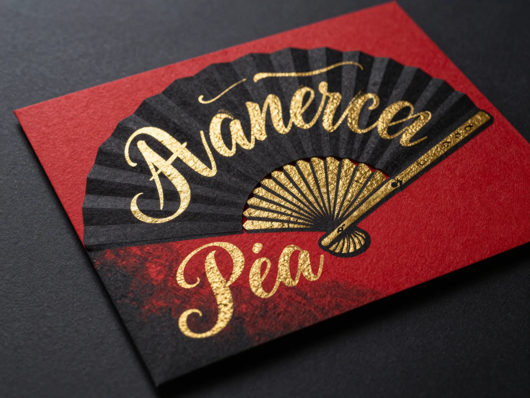 Flamenco inspired invitation black red gold fan dramatic calligraphy