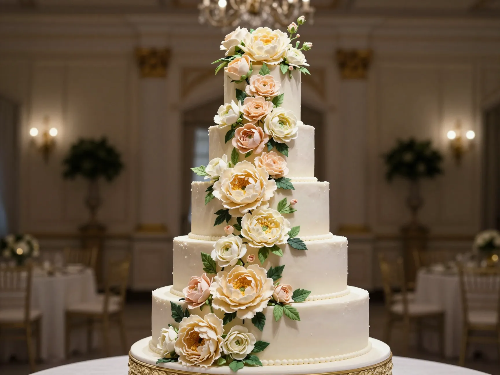 Sugar flower cascade cake with lifelike peonies and roses