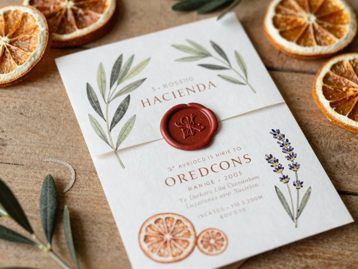 Rustic hacienda invitation terracotta sage botanical kraft paper
