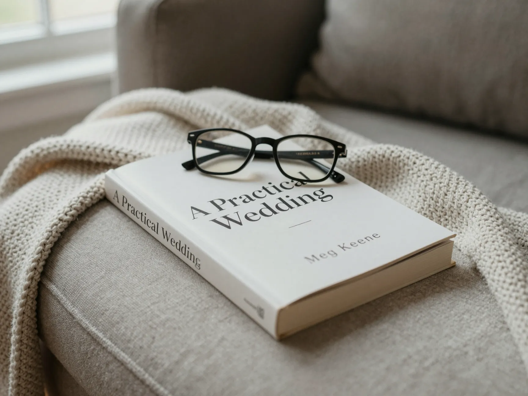 A practical wedding book by meg keene with honest tone on a sofa