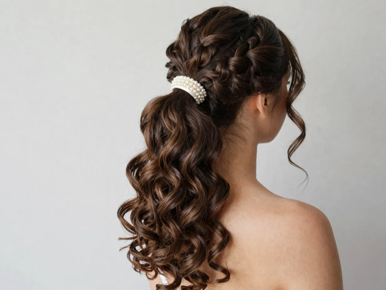 Layered curly ponytail with twisted detail and silk ribbon