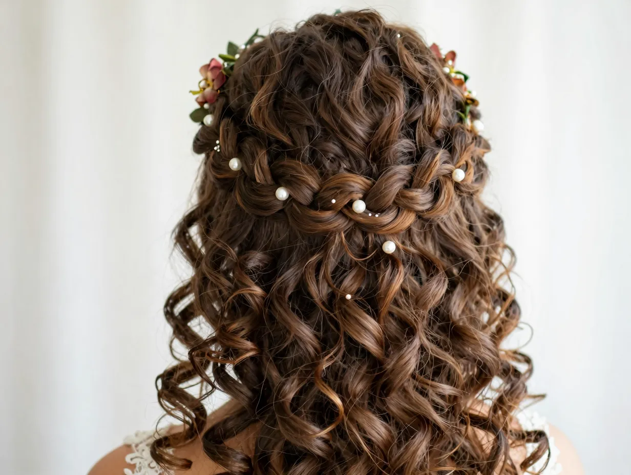 Braided crown with curly tendrils and floral accents