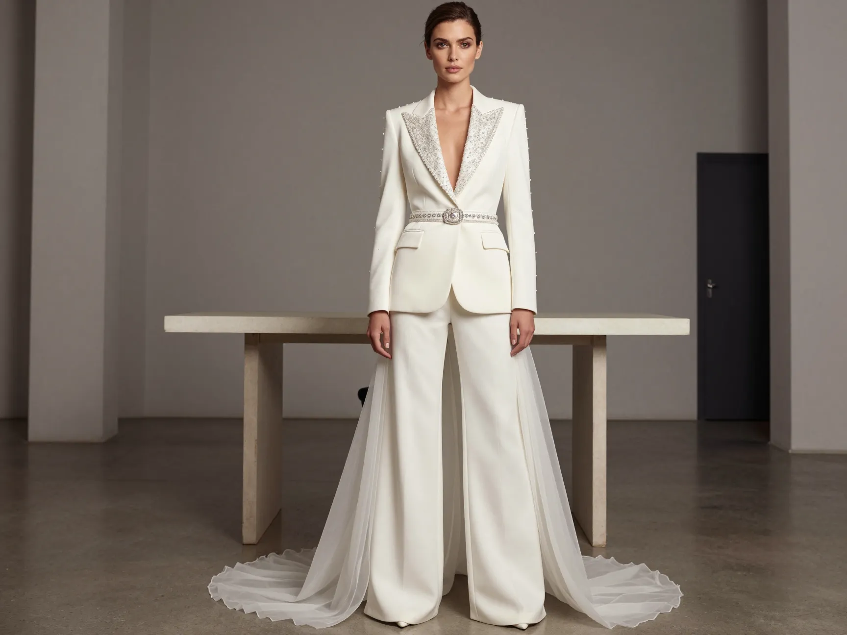 Modern bridal suit with wide leg trousers and embellished blazer