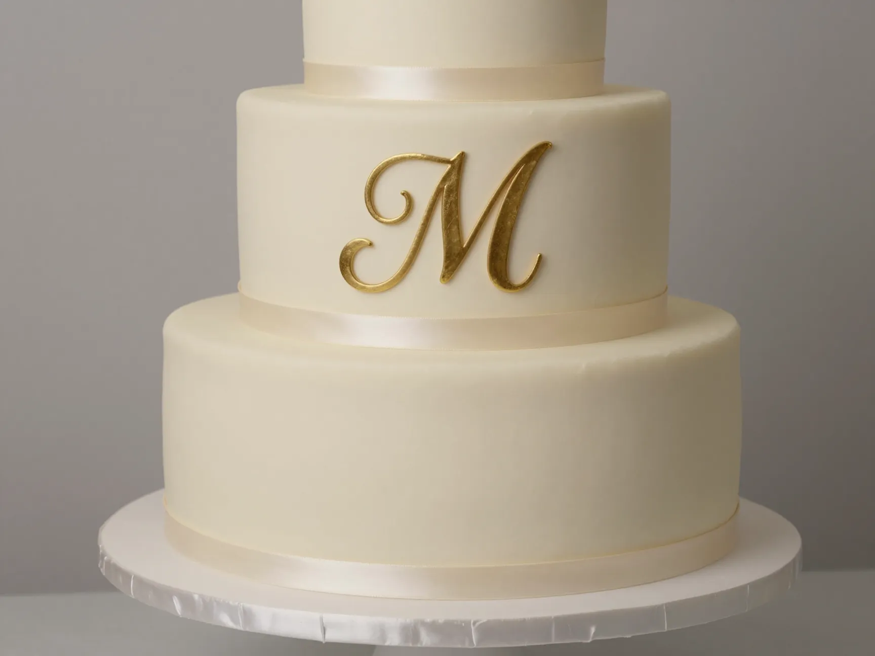 Monogram and satin ribbon trim cake on elegant stand