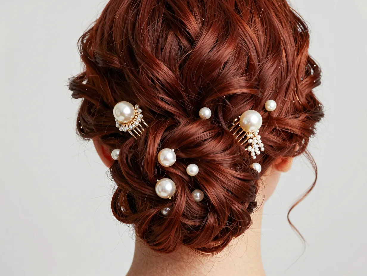 Accessorized curly bun with bold auburn color and pearl pins