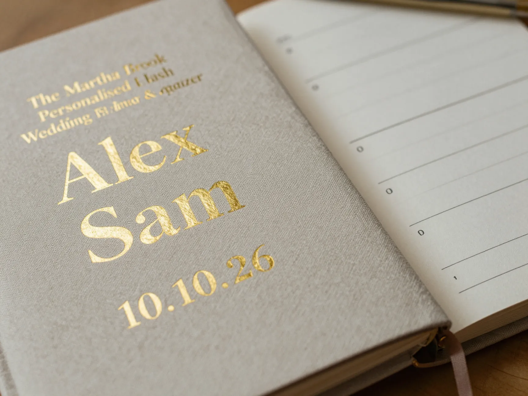 Martha brook personalised wedding planner with linen cover and gold foil