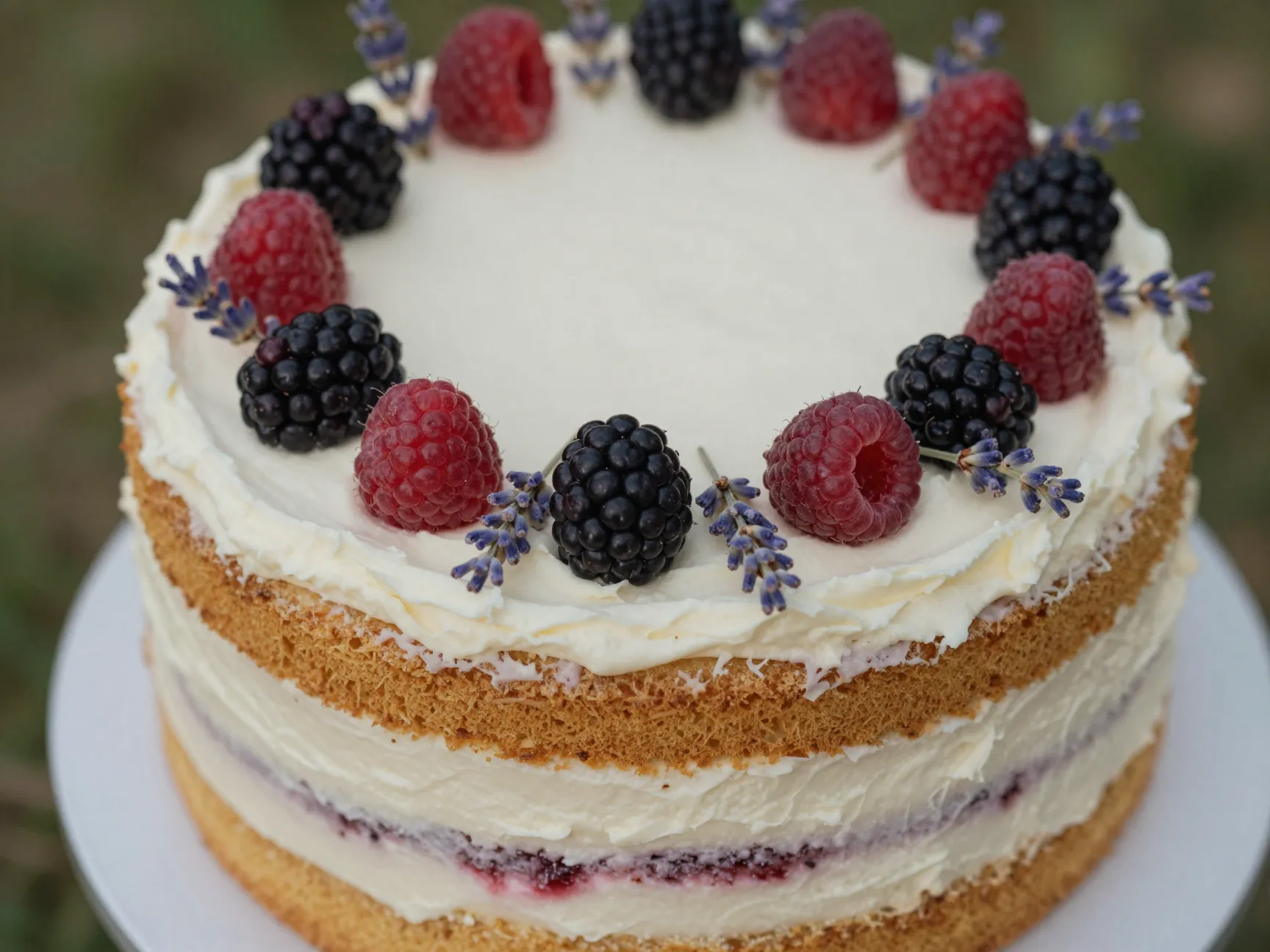 Semi naked round cake with fresh berries and lavender sprigs