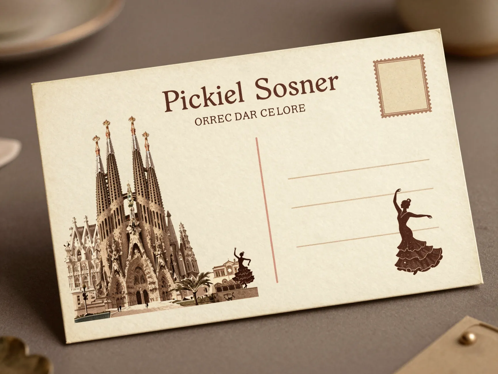 Vintage spanish postcard invitation sepia cream landmark illustration