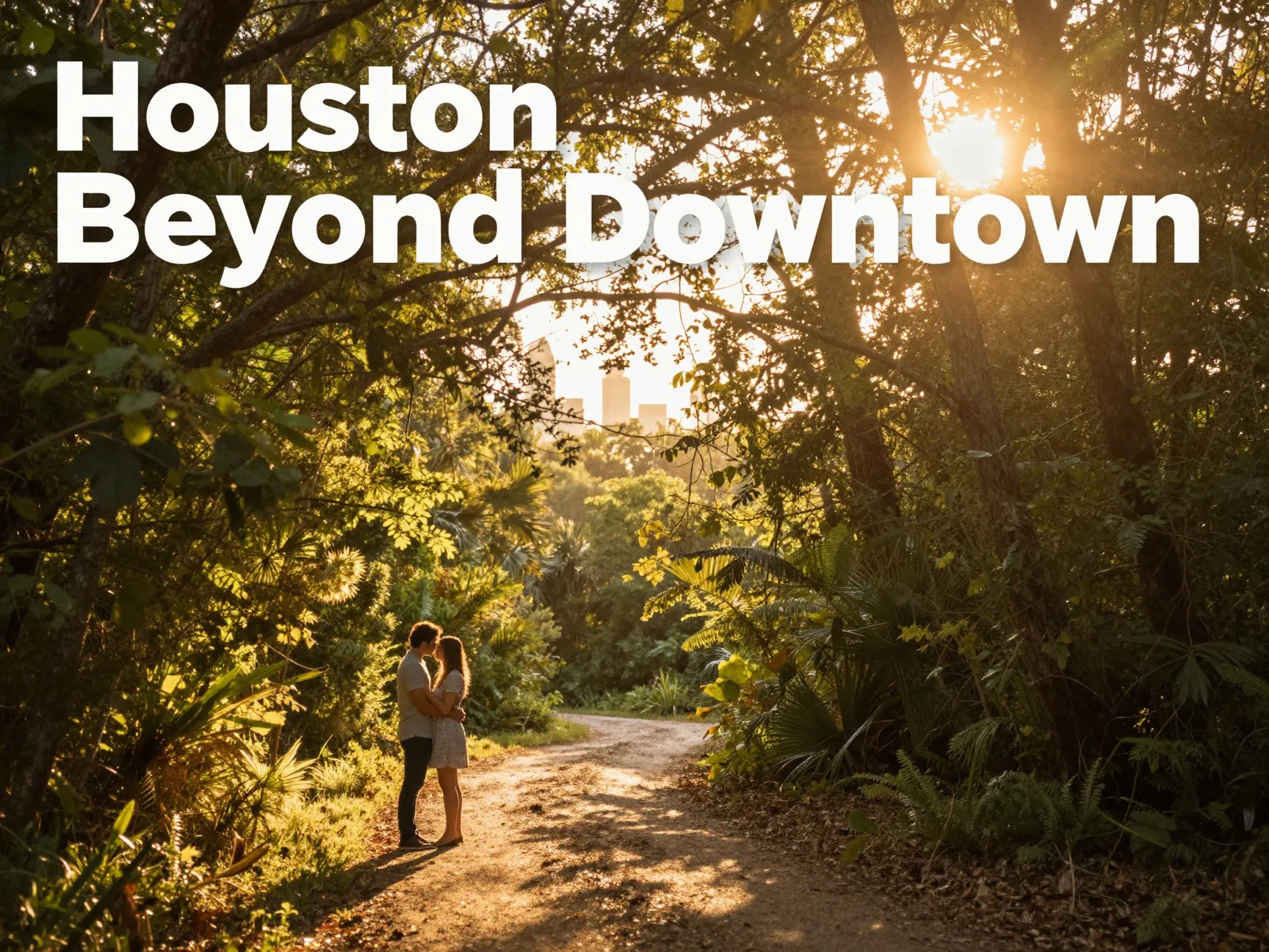 Couple embracing houston arboretum forest golden hour silhouette