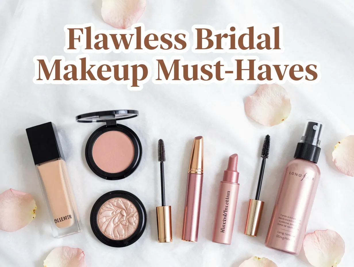 Flat lay eight essential bridal makeup products on silk