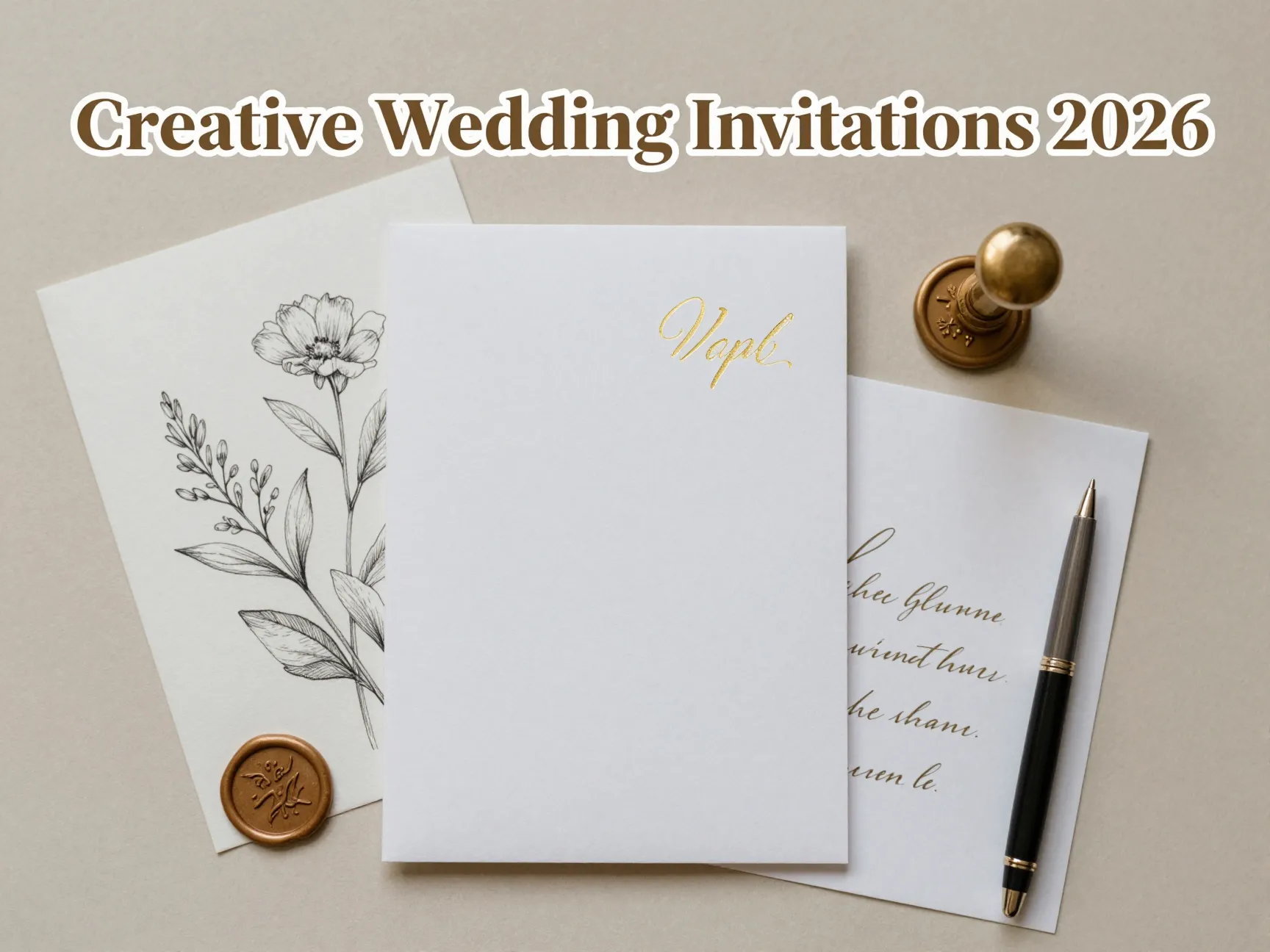 Hand drawn wedding invitation flat lay with foil wax seal textures