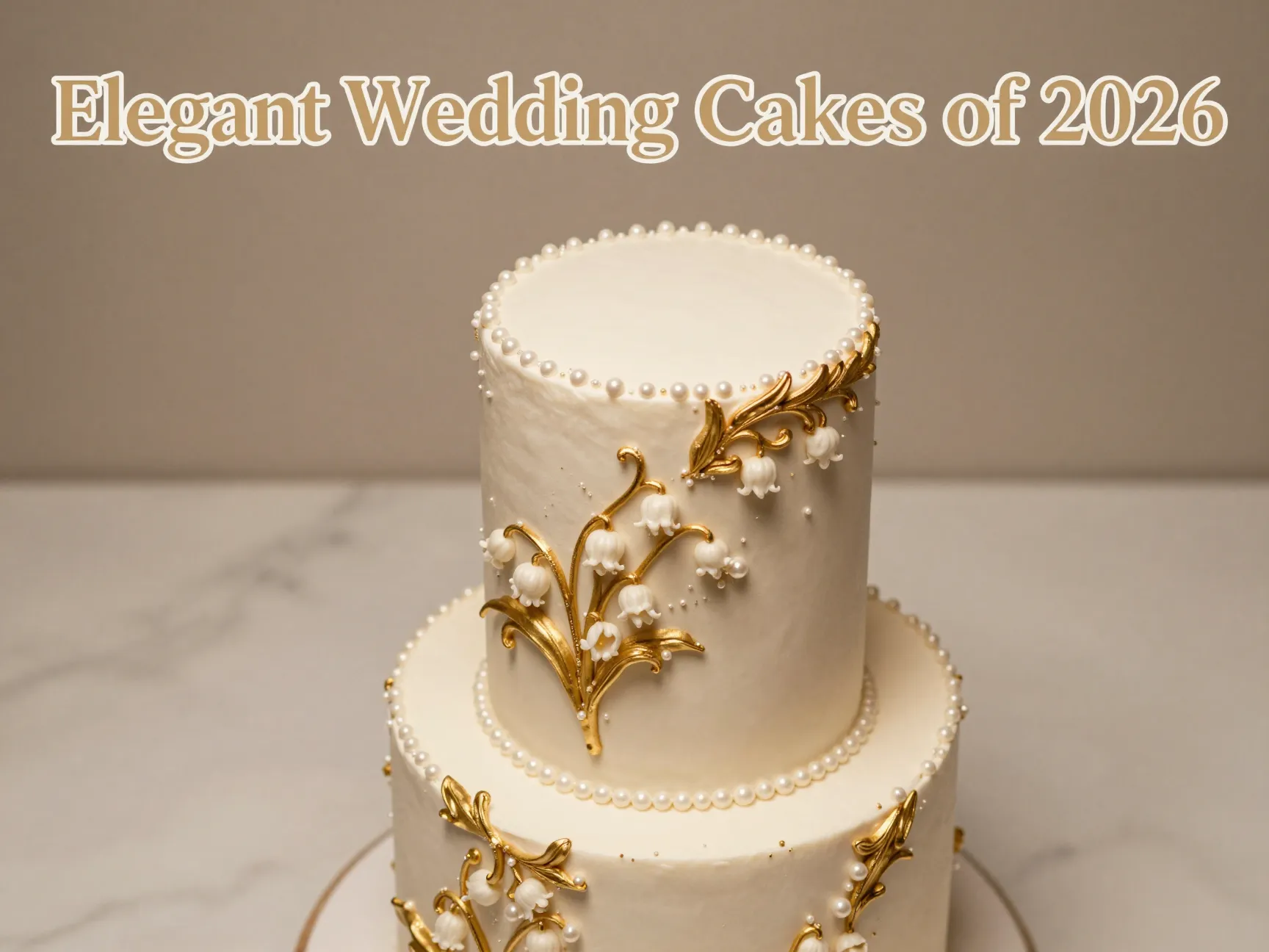 Luxury wedding cake with gold leaf pearls botanical piping