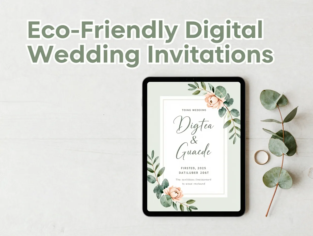 Modern tablet floral e invite eucalyptus leaf wedding ring flat lay