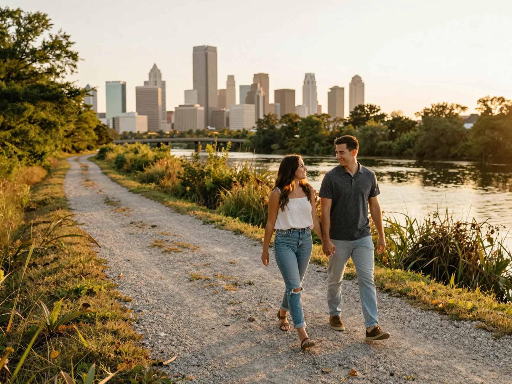 Couple strolling golden hour bayou with distant houston city skyline