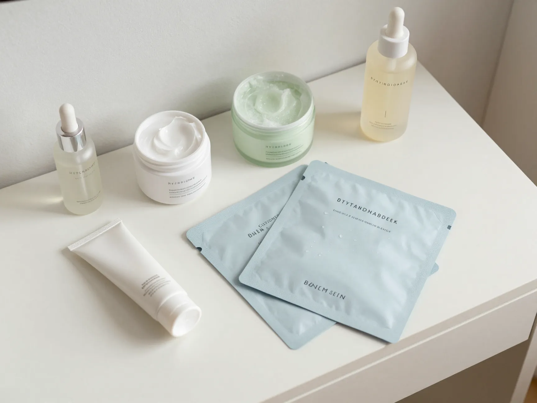 Hydrated skin skincare products organized on vanity morning light