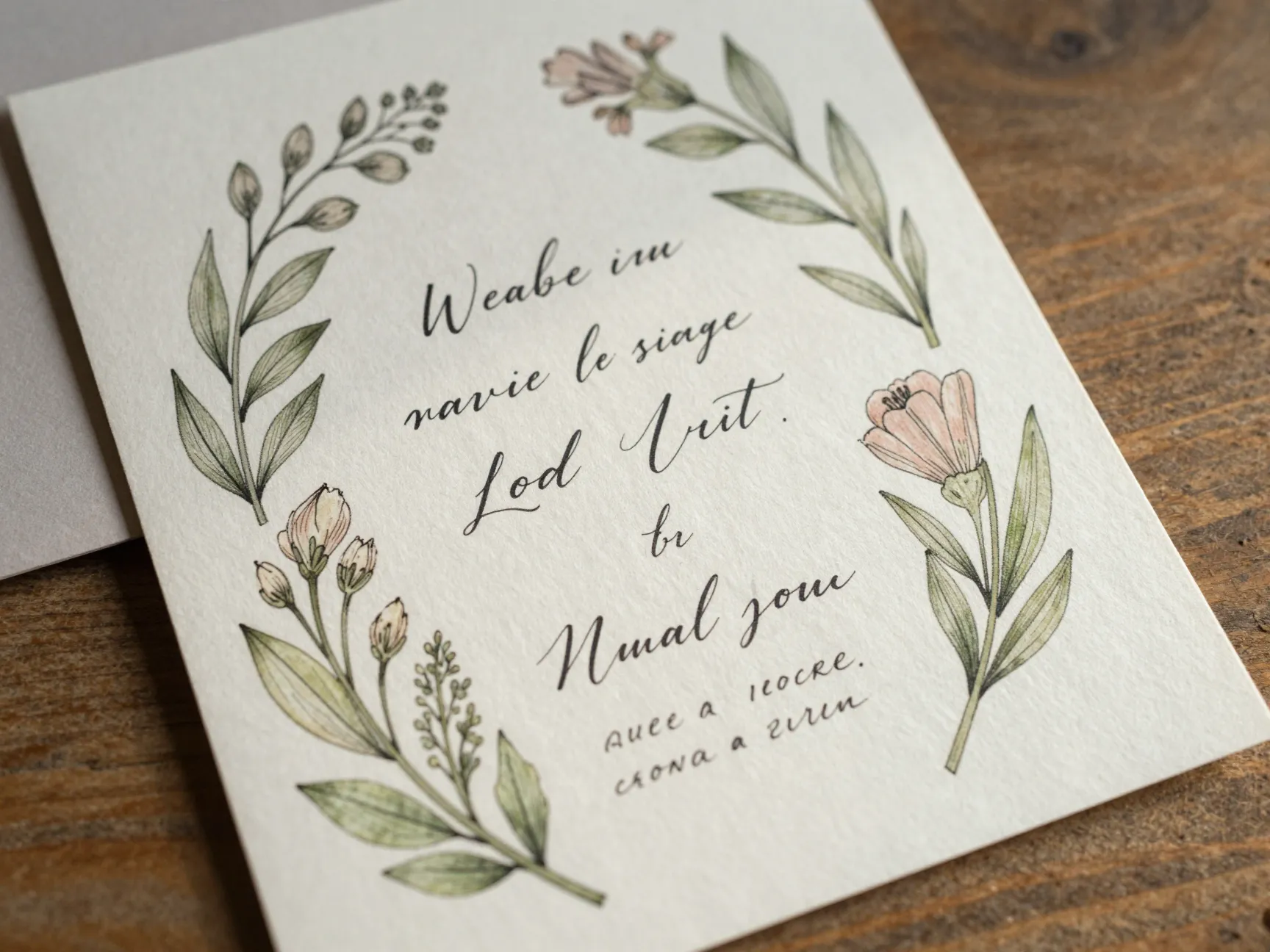 Illustrated botanical wedding invitation with handwritten text on paper