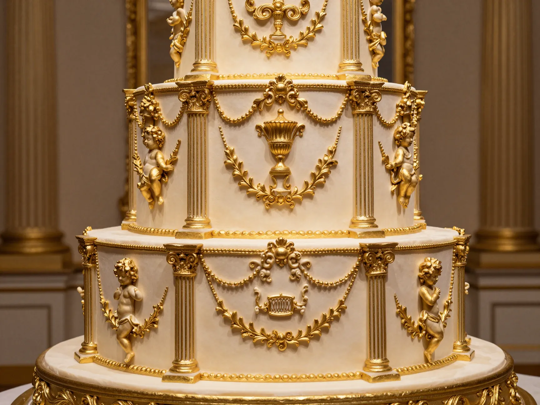 Ornate baroque wedding cake with gilded cherubs and columns